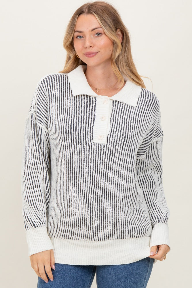 Charcoal Two Tone Stripe Textured Henley Neck Sweater Top