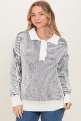 Charcoal Two Tone Stripe Textured Henley Neck Sweater Top