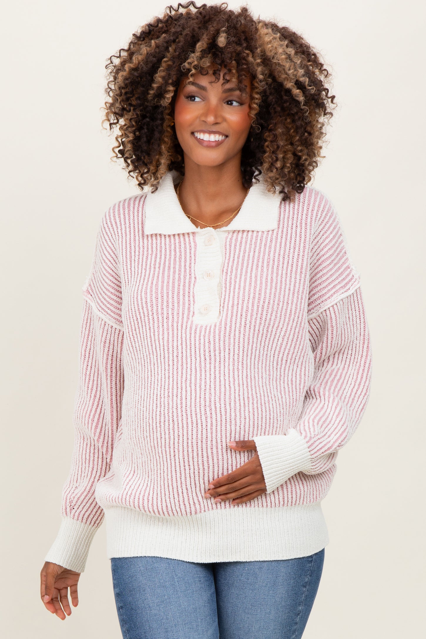 Light Pink Two Tone Stripe Textured Henley Neck Maternity Sweater Top
