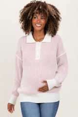 Light Pink Two Tone Stripe Textured Henley Neck Maternity Sweater Top