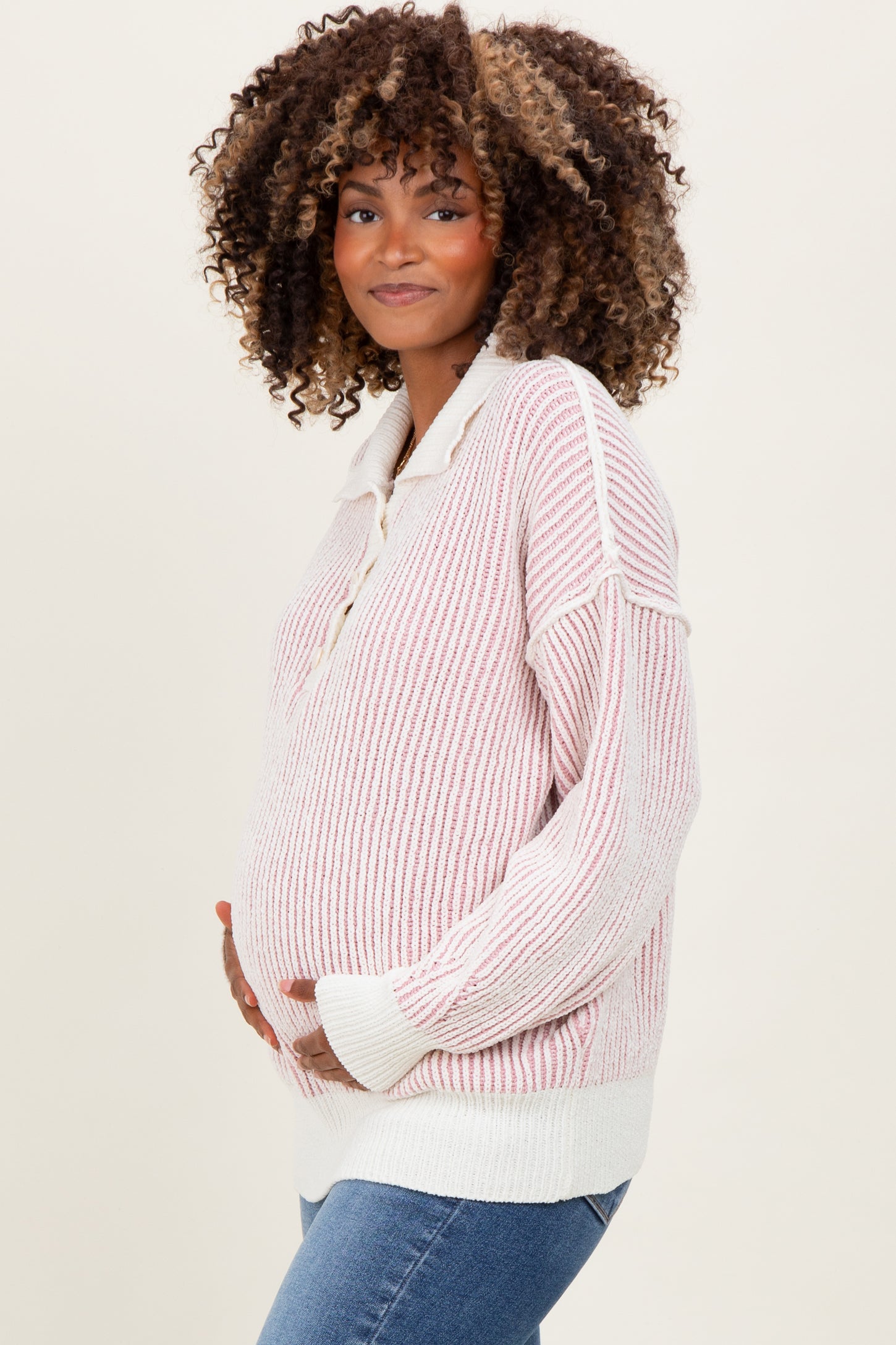 Light Pink Two Tone Stripe Textured Henley Neck Maternity Sweater Top