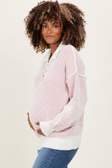 Light Pink Two Tone Stripe Textured Henley Neck Maternity Sweater Top