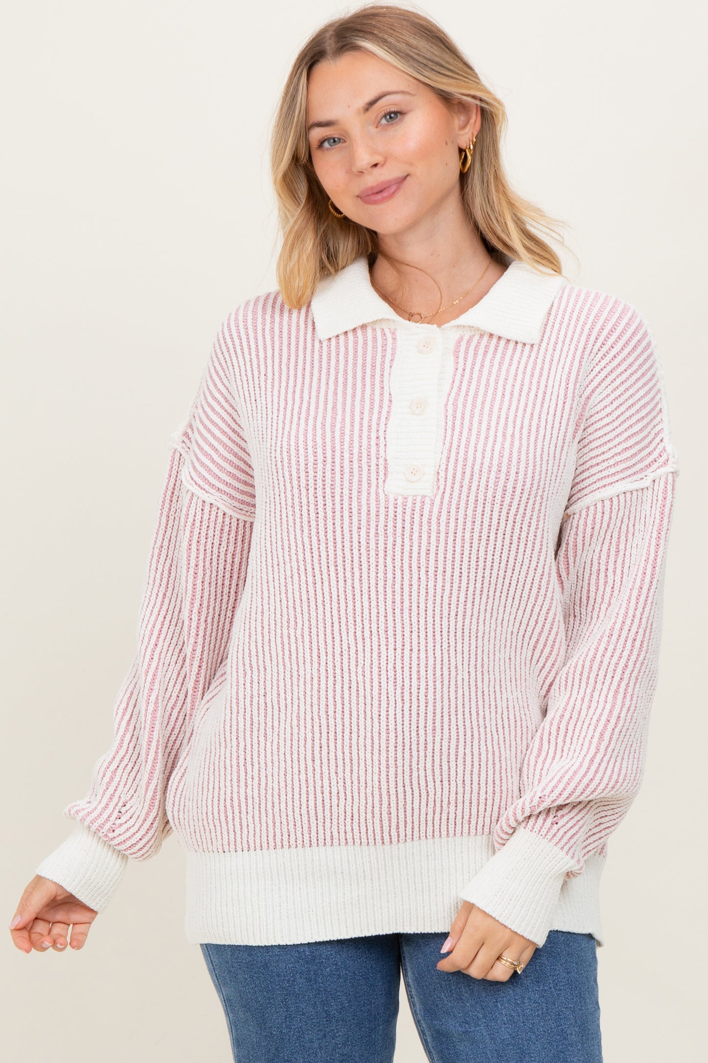 Light Pink Two Tone Stripe Textured Henley Neck Maternity Sweater Top