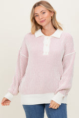 Light Pink Two Tone Stripe Textured Henley Neck Maternity Sweater Top