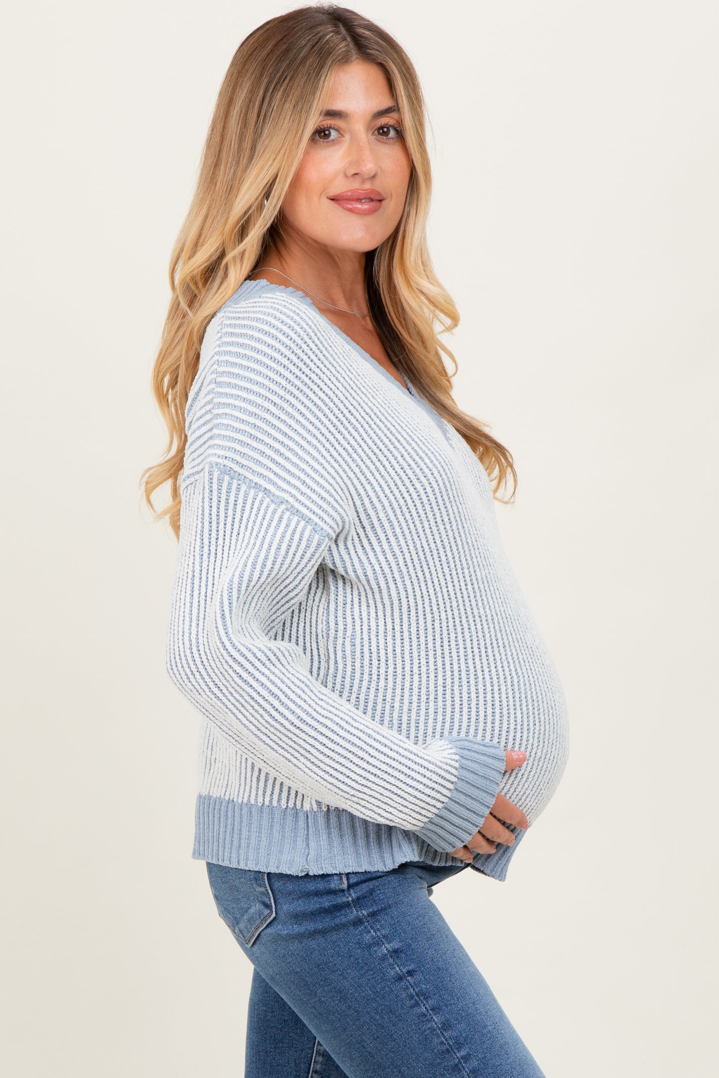 Blue Two Tone Ribbed V-Neck Chenille Maternity Sweater