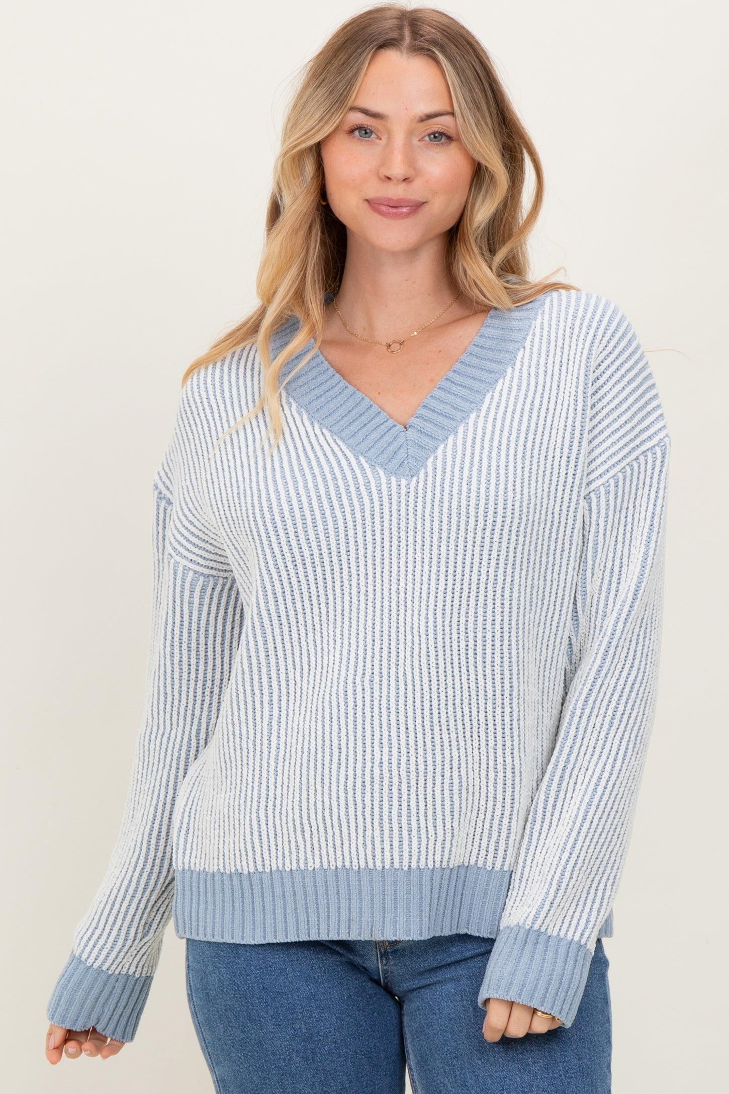 Blue Two Tone Ribbed V-Neck Chenille Maternity Sweater