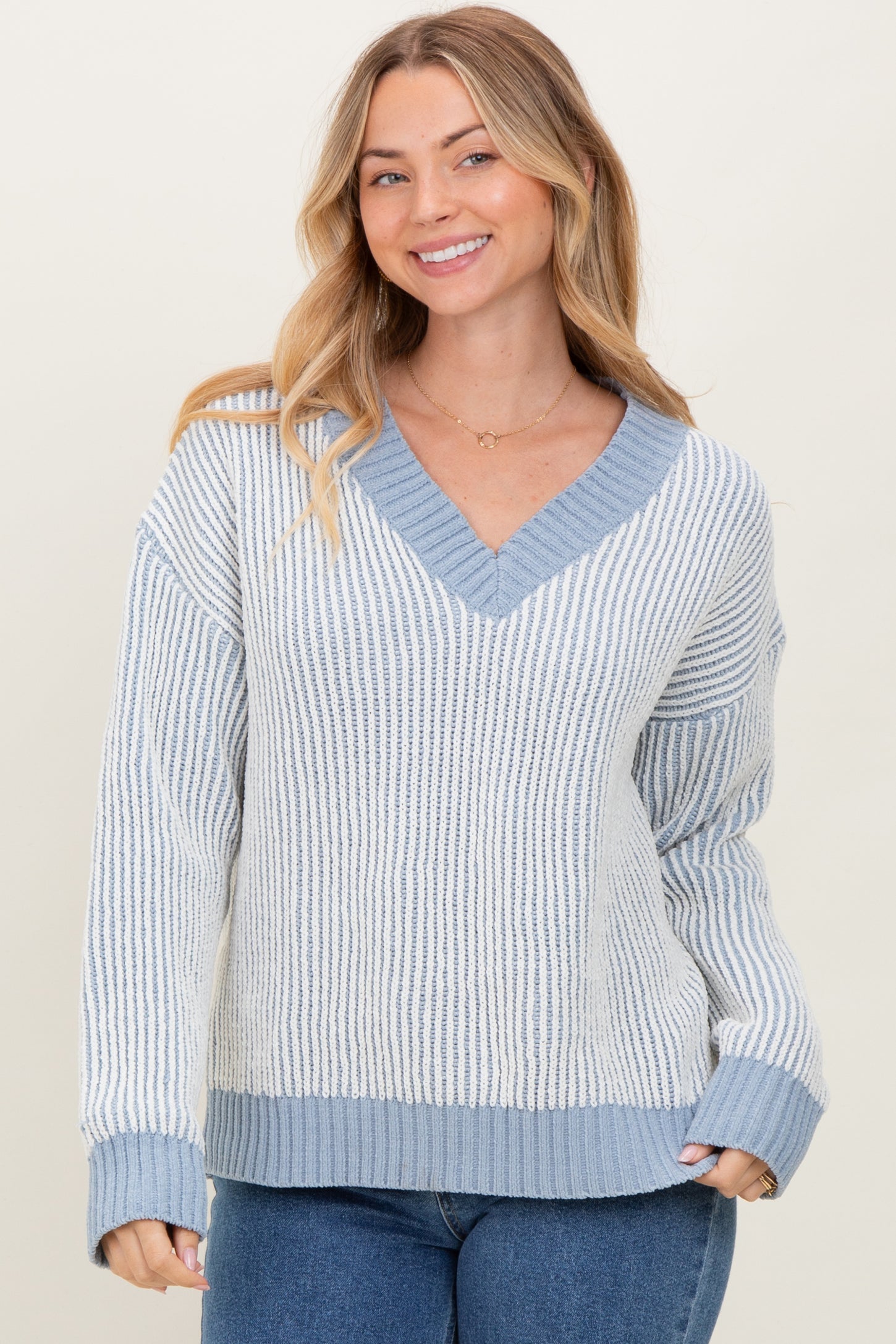 Blue Two Tone Ribbed V-Neck Chenille Maternity Sweater