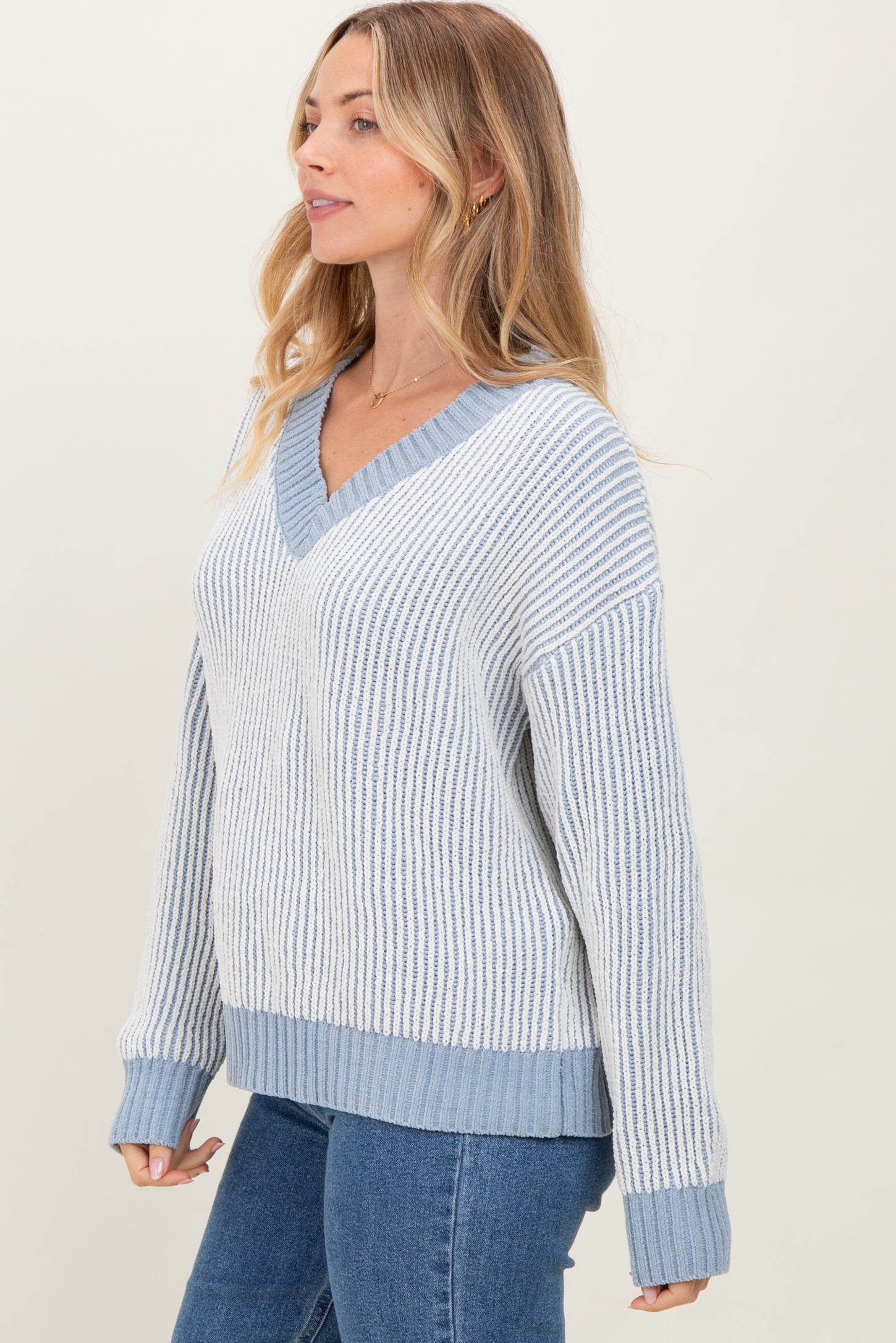 Blue Two Tone Ribbed V-Neck Chenille Maternity Sweater