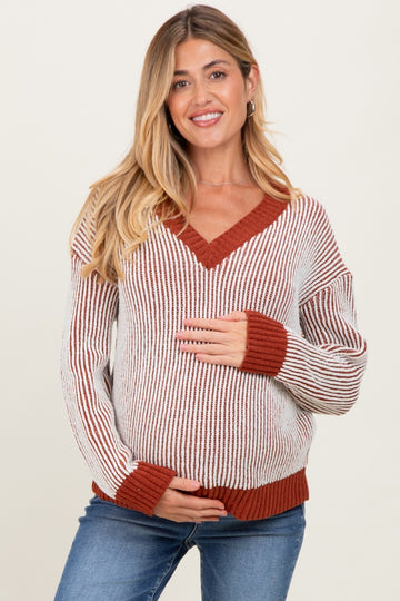Rust Two Tone Ribbed V-Neck Chenille Maternity Sweater