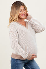 Mocha Two Tone Ribbed V-Neck Chenille Maternity Sweater