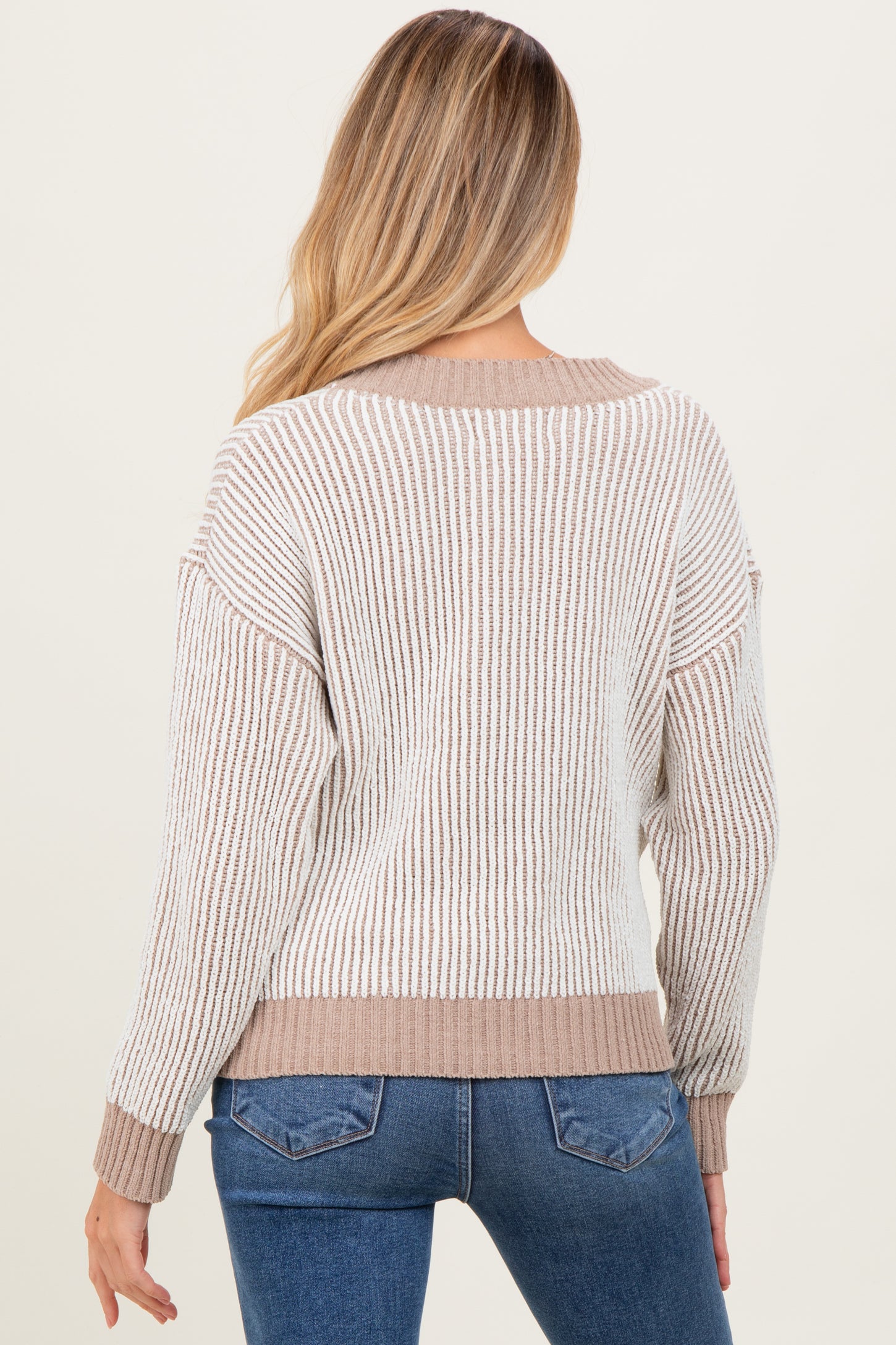 Mocha Two Tone Ribbed V-Neck Chenille Maternity Sweater