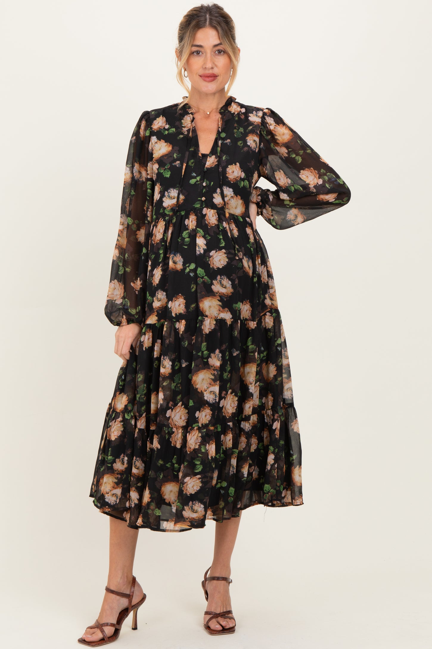 Black Multi Floral Tiered Button Down Maternity Maxi Dress