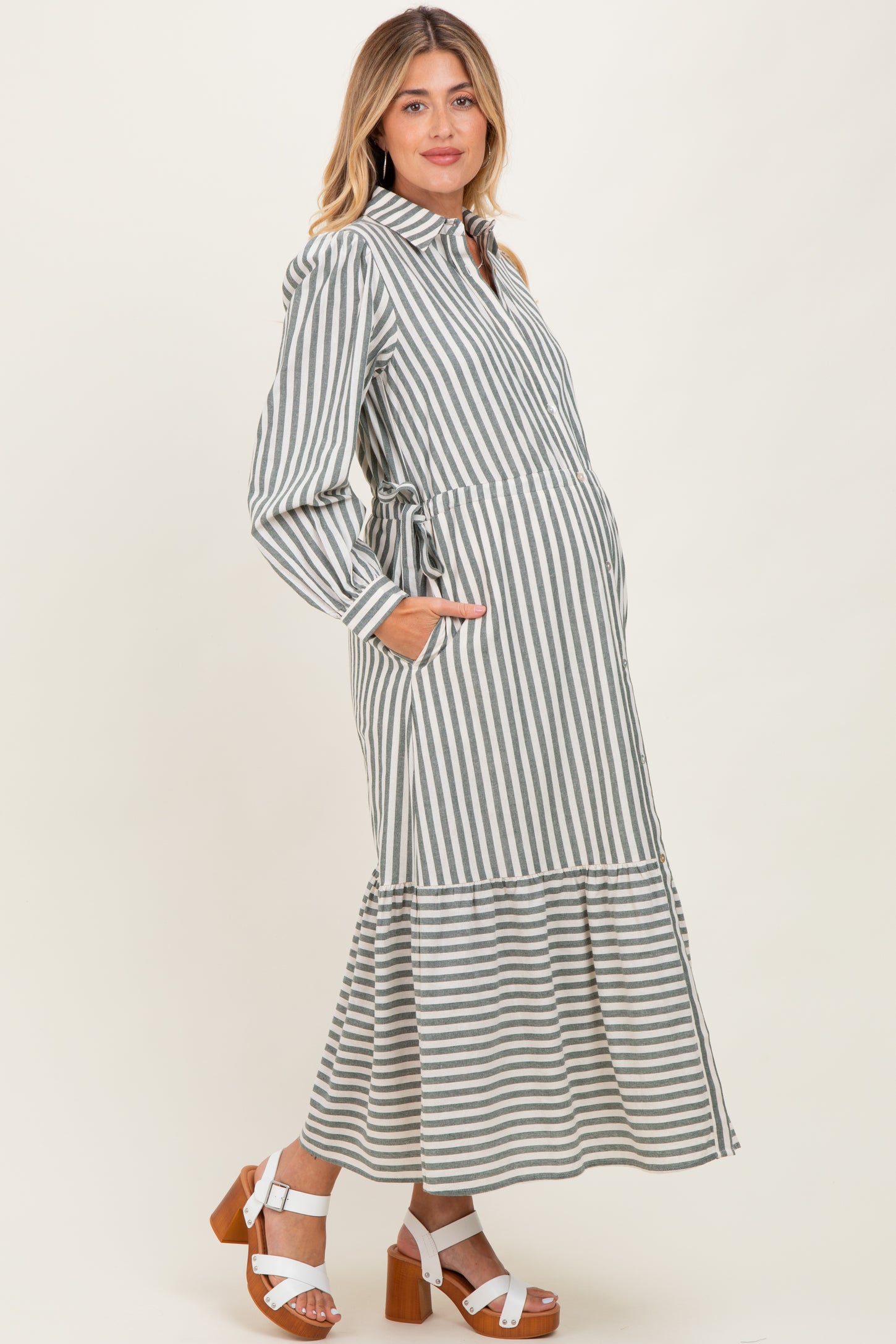 Green Striped Collared Button Down Waist Tie Maternity Maxi Dress