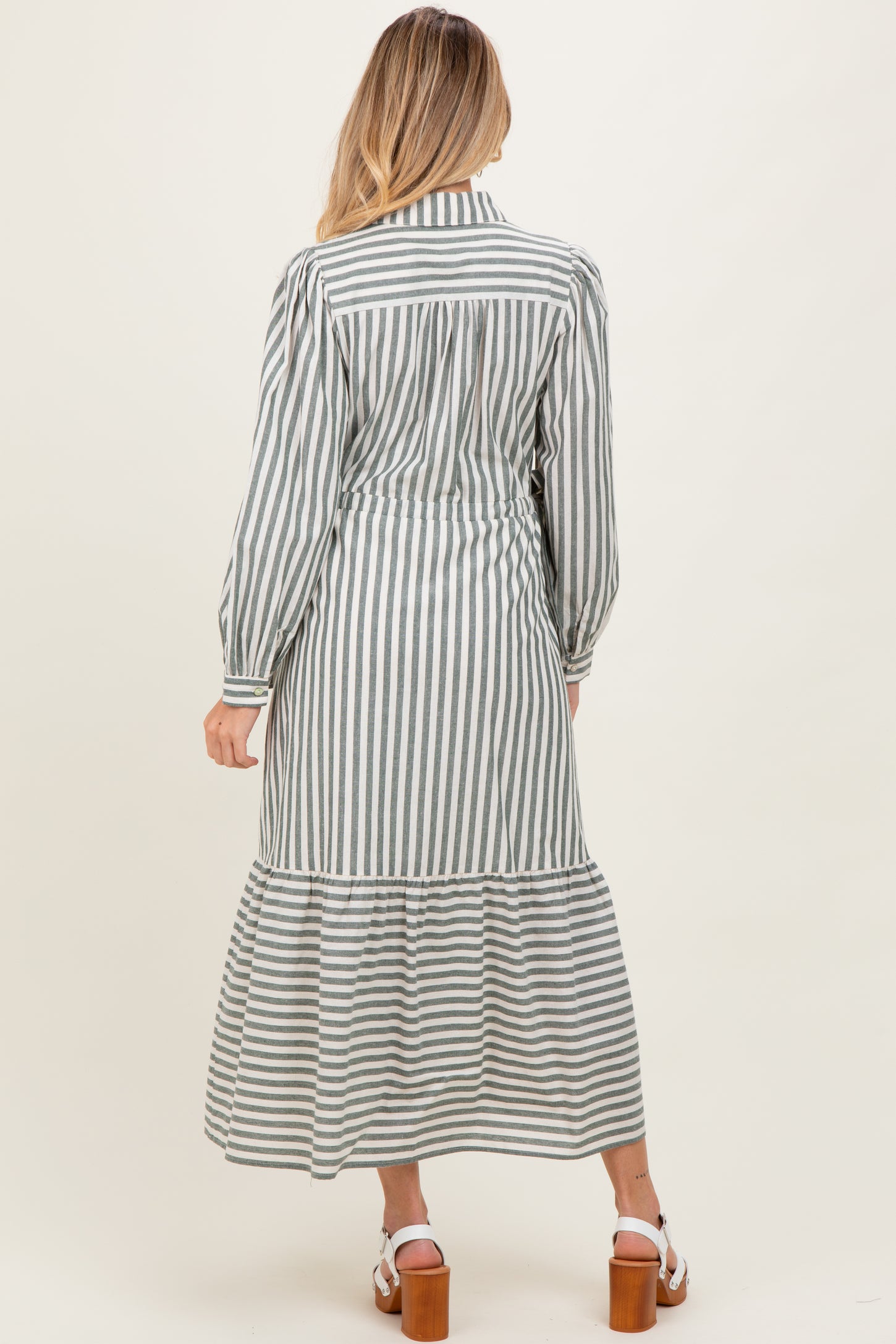 Green Striped Collared Button Down Waist Tie Maternity Maxi Dress
