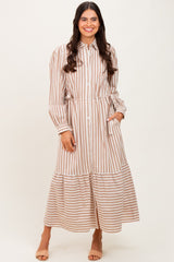 Mocha Striped Collared Button Down Waist Tie Maternity Maxi Dress