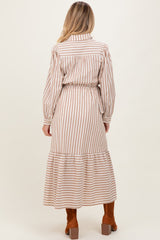 Mocha Striped Collared Button Down Waist Tie Maternity Maxi Dress