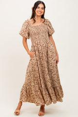 Mocha Leaf Print Smocked Square Neck Puff Sleeve Maternity Maxi Dress