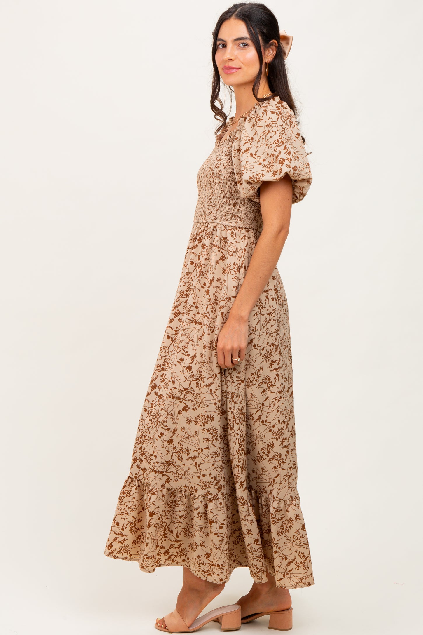 Mocha Leaf Print Smocked Square Neck Puff Sleeve Maxi Dress Mocha Leaf Print Smocked Square Neck Puff Sleeve Maxi Dress