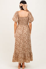 Mocha Leaf Print Smocked Square Neck Puff Sleeve Maxi Dress