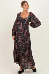 Black Floral Long Balloon Sleeve Sweetheart Neck Maternity Maxi Dress
