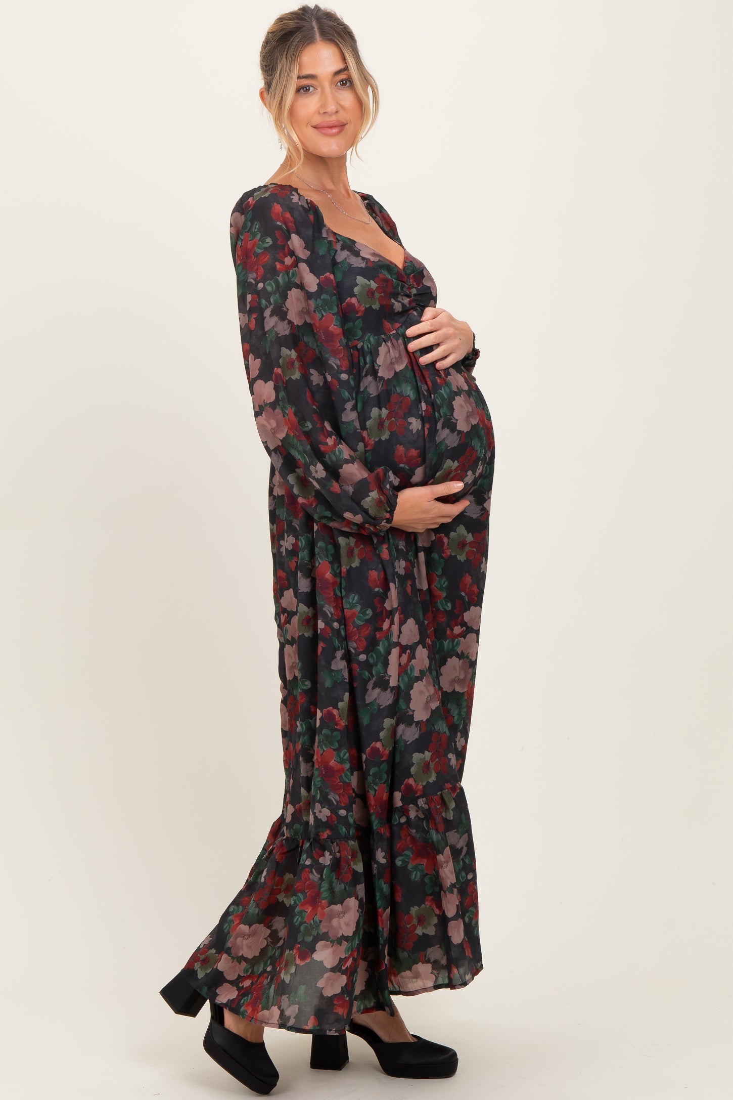 Black Floral Long Balloon Sleeve Sweetheart Neck Maternity Maxi Dress
