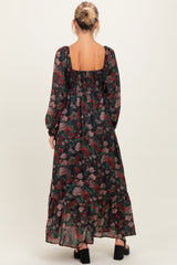 Black Floral Long Balloon Sleeve Sweetheart Neck Maternity Maxi Dress