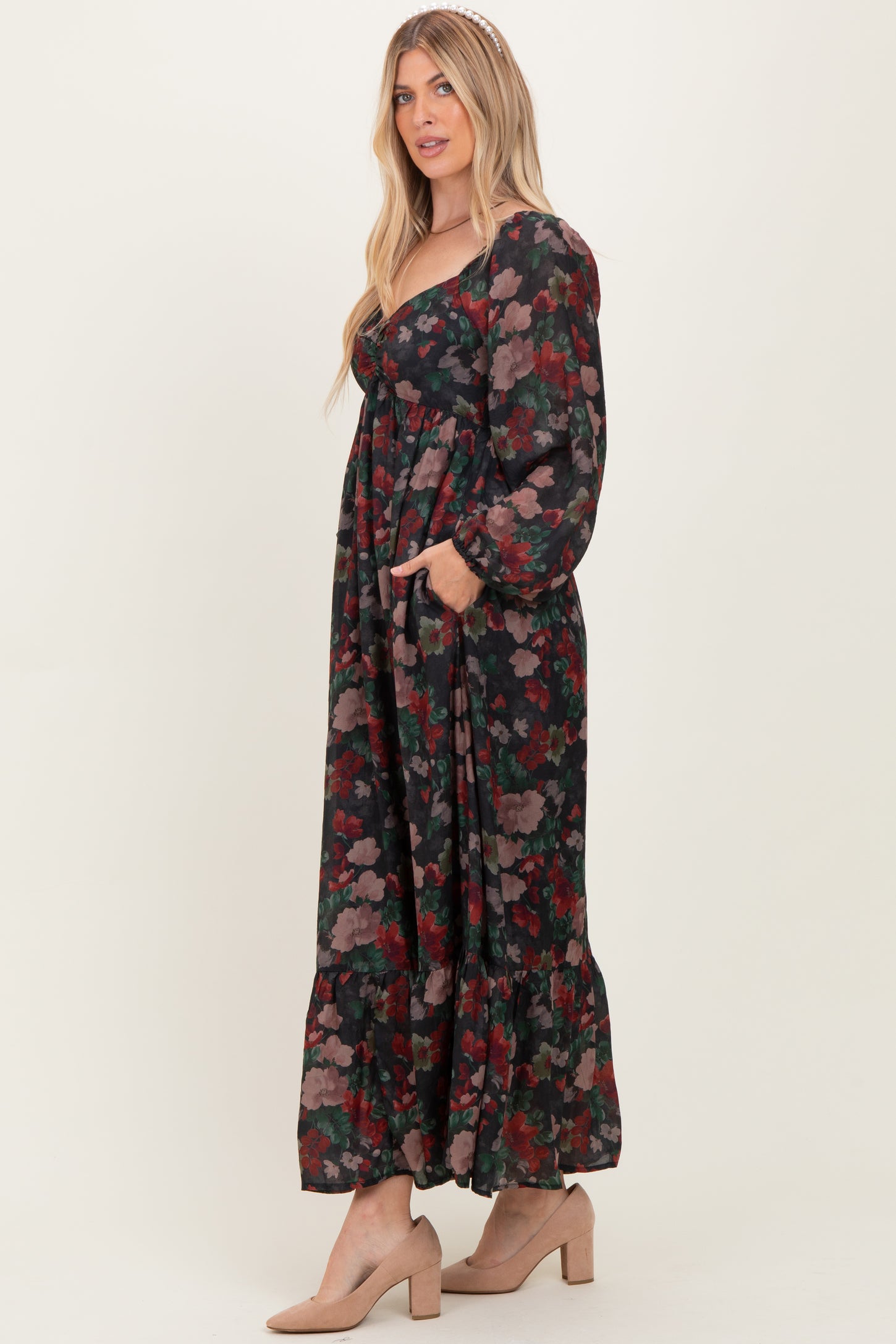 Black Floral Long Balloon Sleeve Sweetheart Neck Maxi Dress