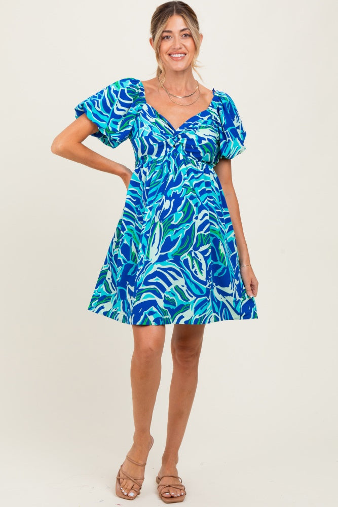 Blue Printed Twisted Front Maternity Mini Dress