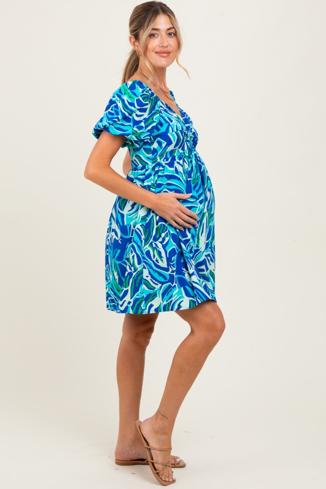 Blue Printed Twisted Front Maternity Mini Dress