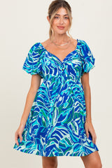 Blue Printed Twisted Front Maternity Mini Dress