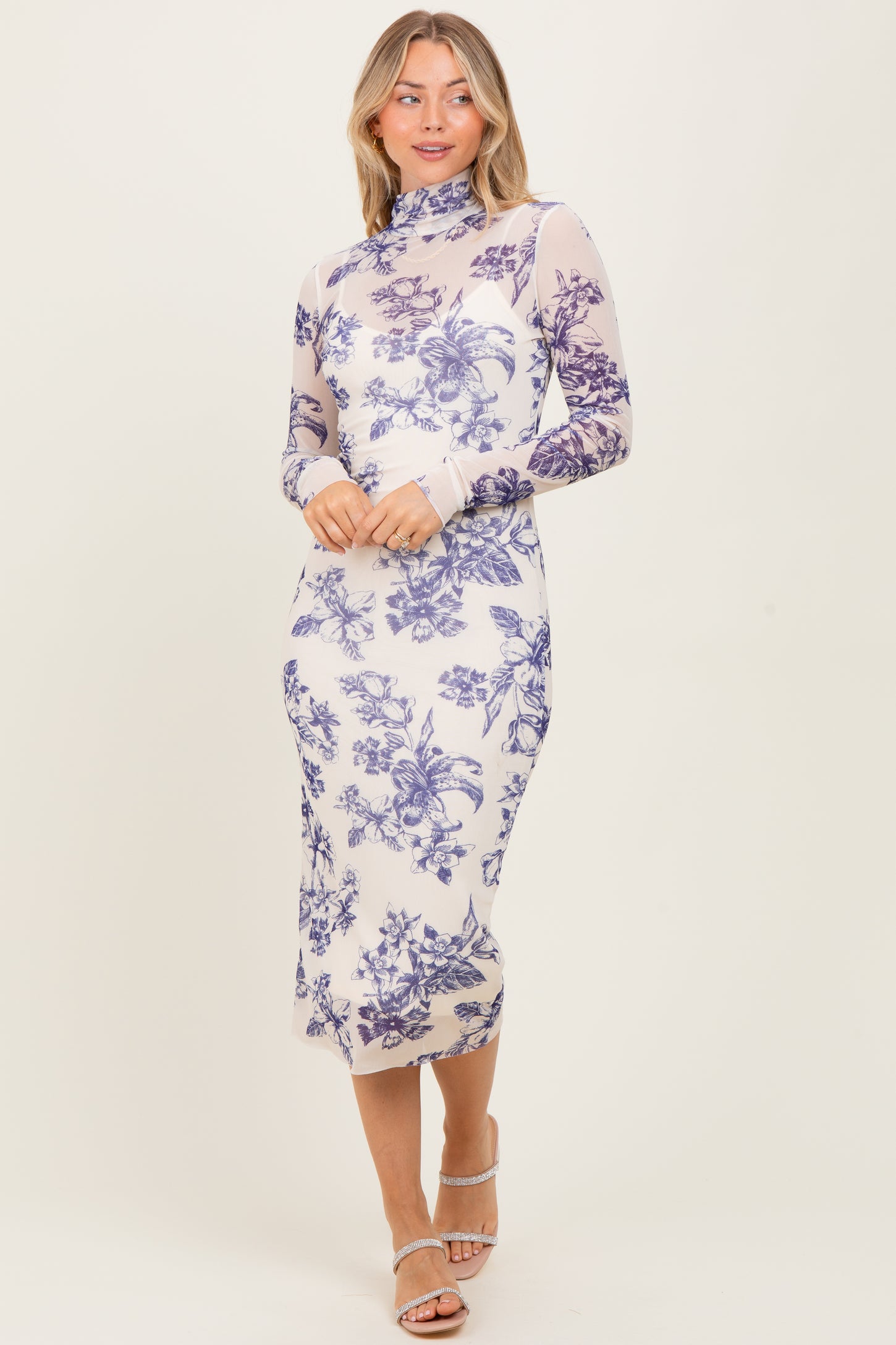 Ivory Floral Mesh Mock Neck Long Sleeve Midi Dress Ivory Floral Mesh Mock Neck Long Sleeve Midi Dress