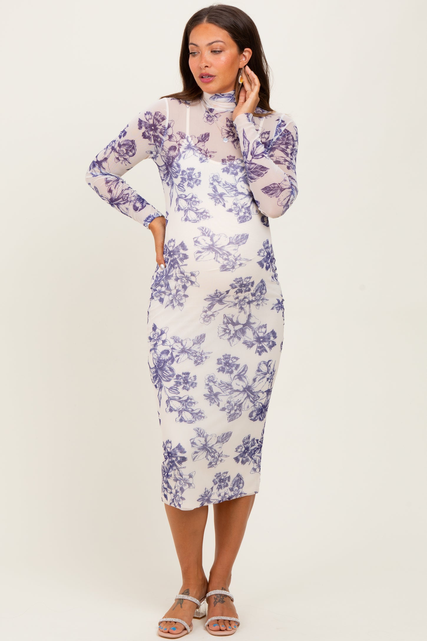 Ivory Floral Mesh Mock Neck Long Sleeve Maternity Midi Dress