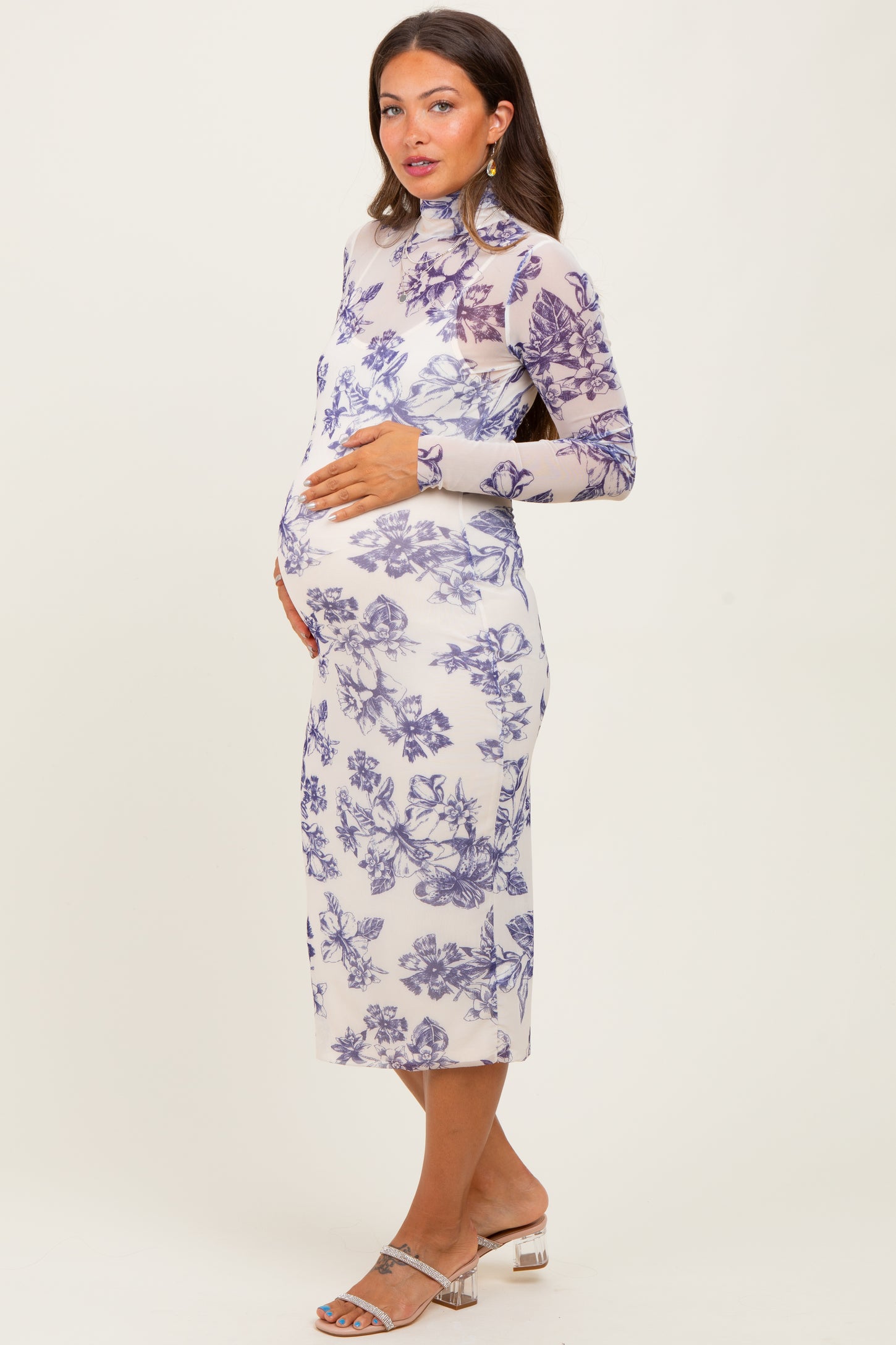 Ivory Floral Mesh Mock Neck Long Sleeve Maternity Midi Dress