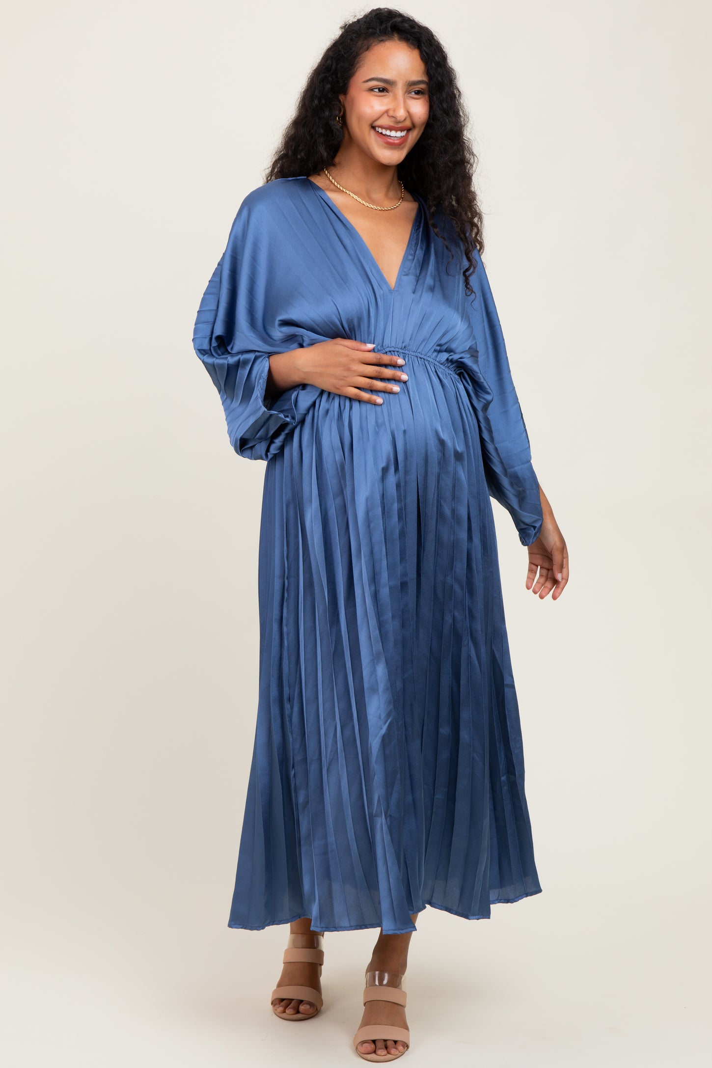 Blue Satin Pleated V-Neck Maternity Maxi Dress