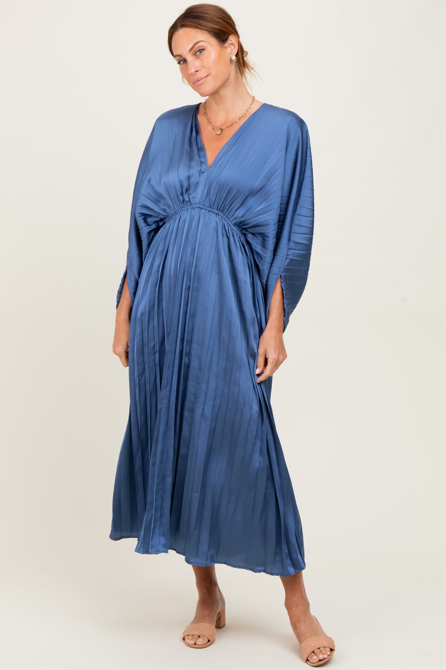 Blue Satin Pleated V-Neck Maxi Dress