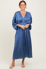 Blue Satin Pleated V-Neck Maxi Dress