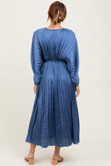 Blue Satin Pleated V-Neck Maxi Dress