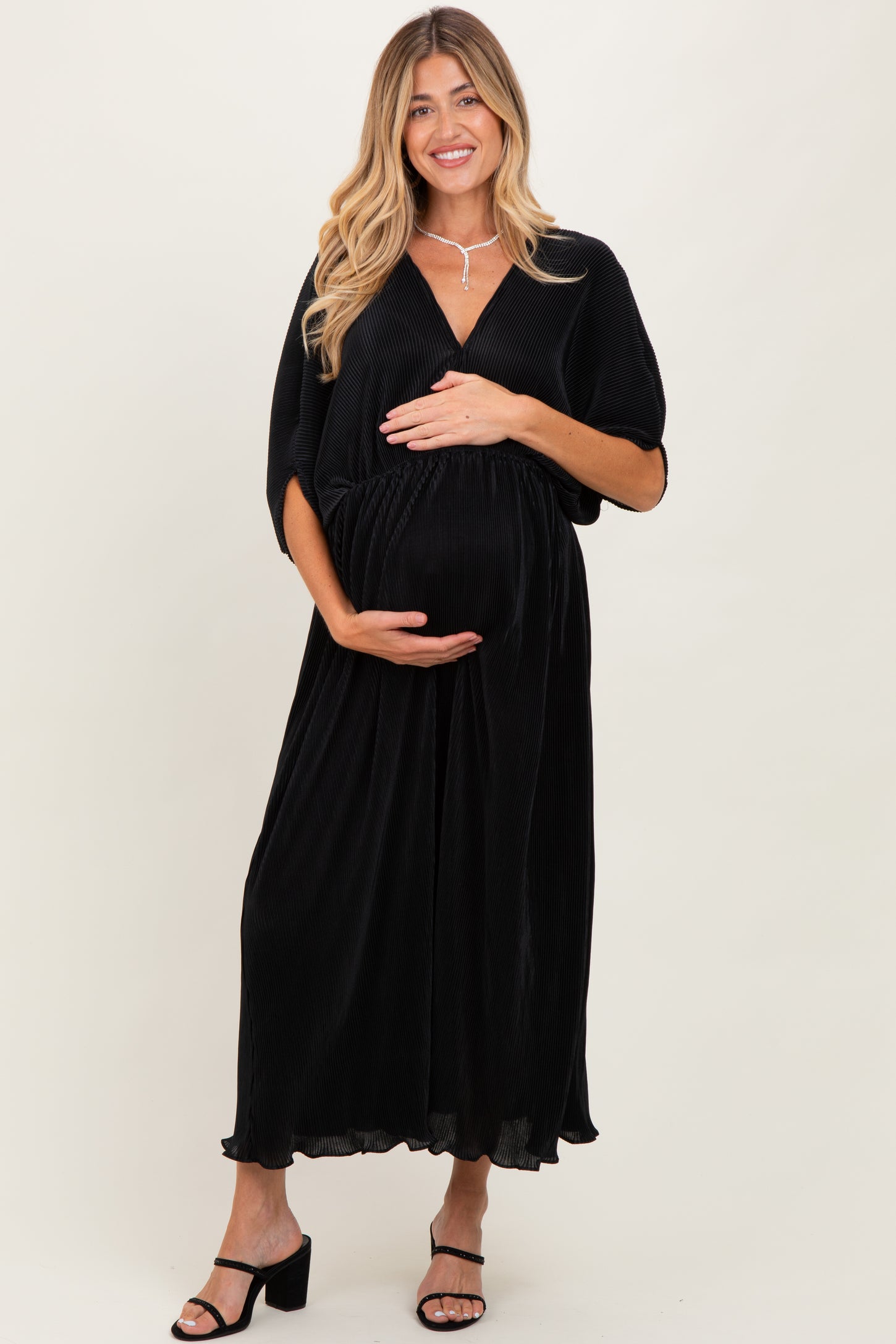 dolman sleeve maxi dress Black Pleated Satin Dolman Sleeve Maternity Maxi Dress