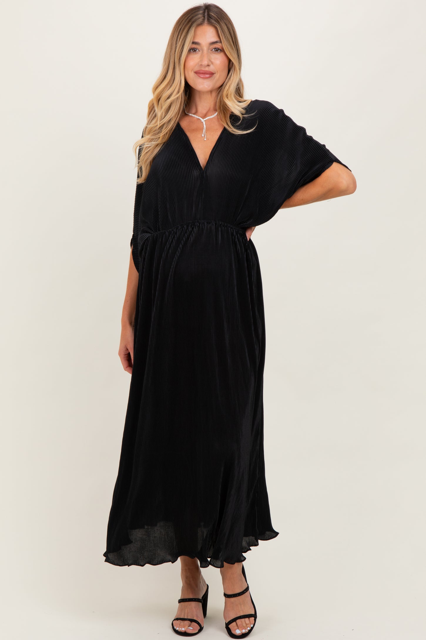 Black Pleated Satin Dolman Sleeve Maternity Maxi Dress