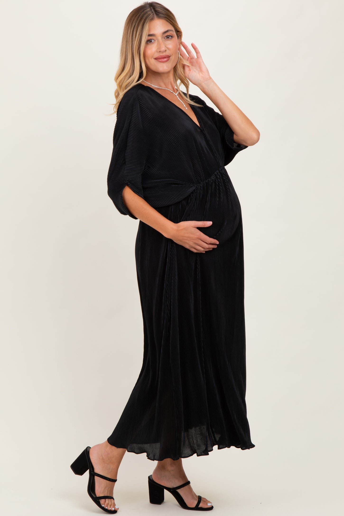 Pleated Satin Dolman Sleeve Maxi Dress in Black Pleated Satin Dolman Sleeve Maxi Dress in Black