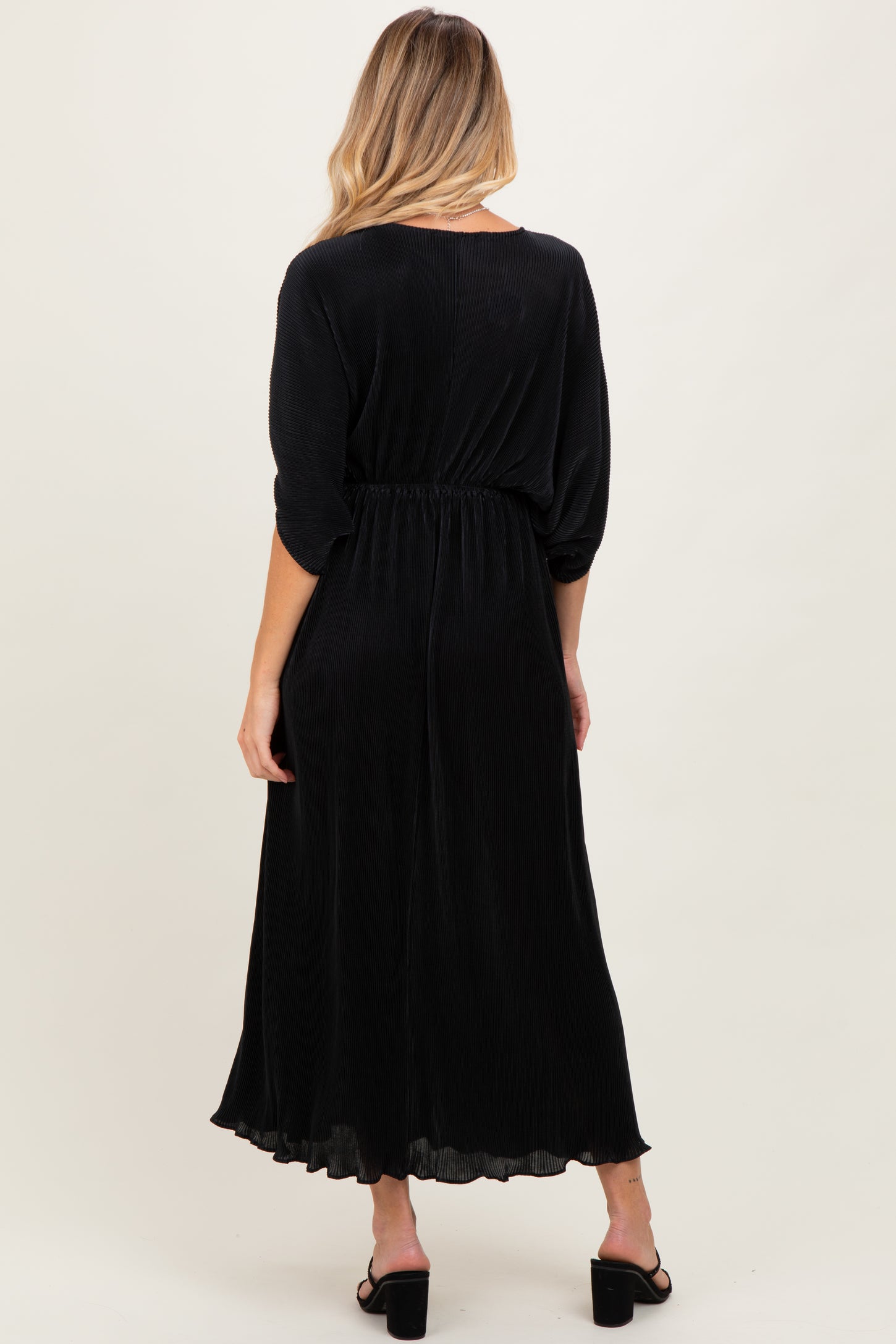 Black Pleated Satin Dolman Sleeve Maternity Maxi Dress Black Pleated Satin Dolman Sleeve Maternity Maxi Dress