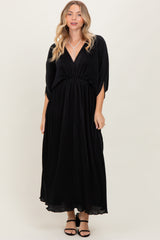 Black Pleated Satin Dolman Sleeve Maxi Dress