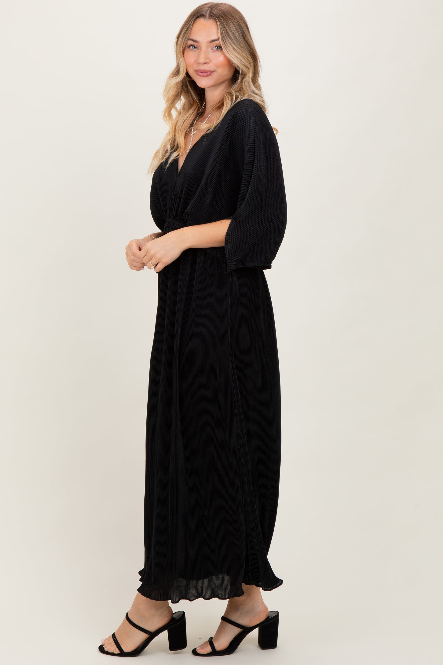 Black Pleated Satin Dolman Sleeve Maxi Dress