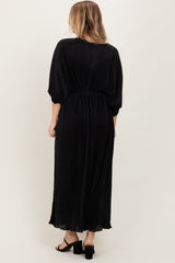 Black Pleated Satin Dolman Sleeve Maxi Dress