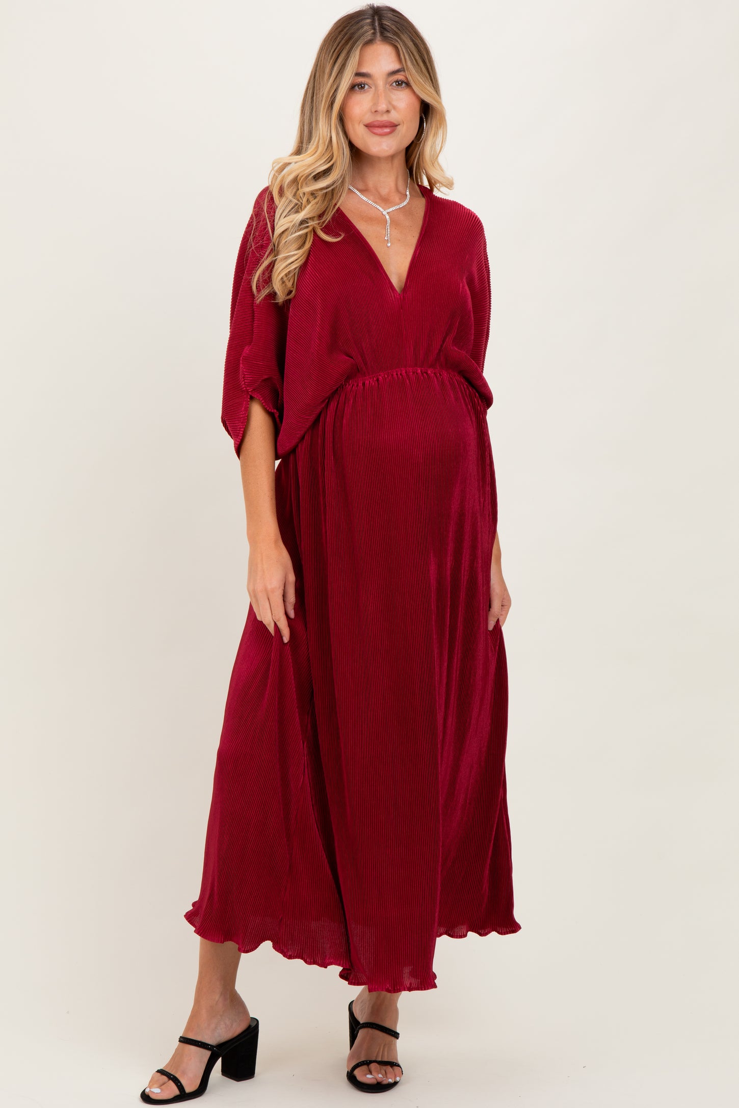Burgundy Pleated Satin Dolman Sleeve Maternity Maxi Dress – PinkBlush
