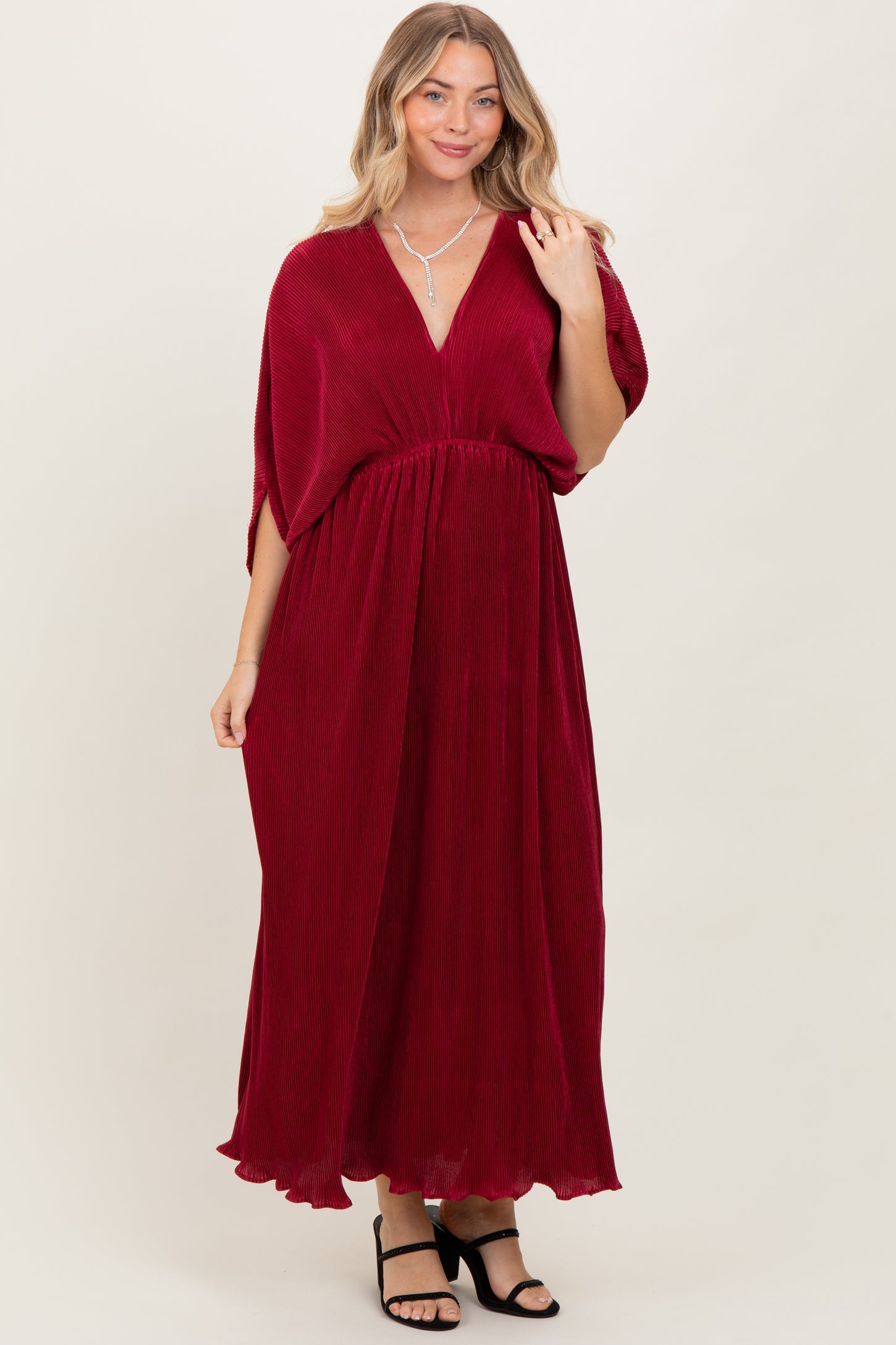 Burgundy Pleated Satin Dolman Sleeve Maxi Dress PinkBlush Burgundy Pleated Satin Dolman Sleeve Maxi Dress PinkBlush