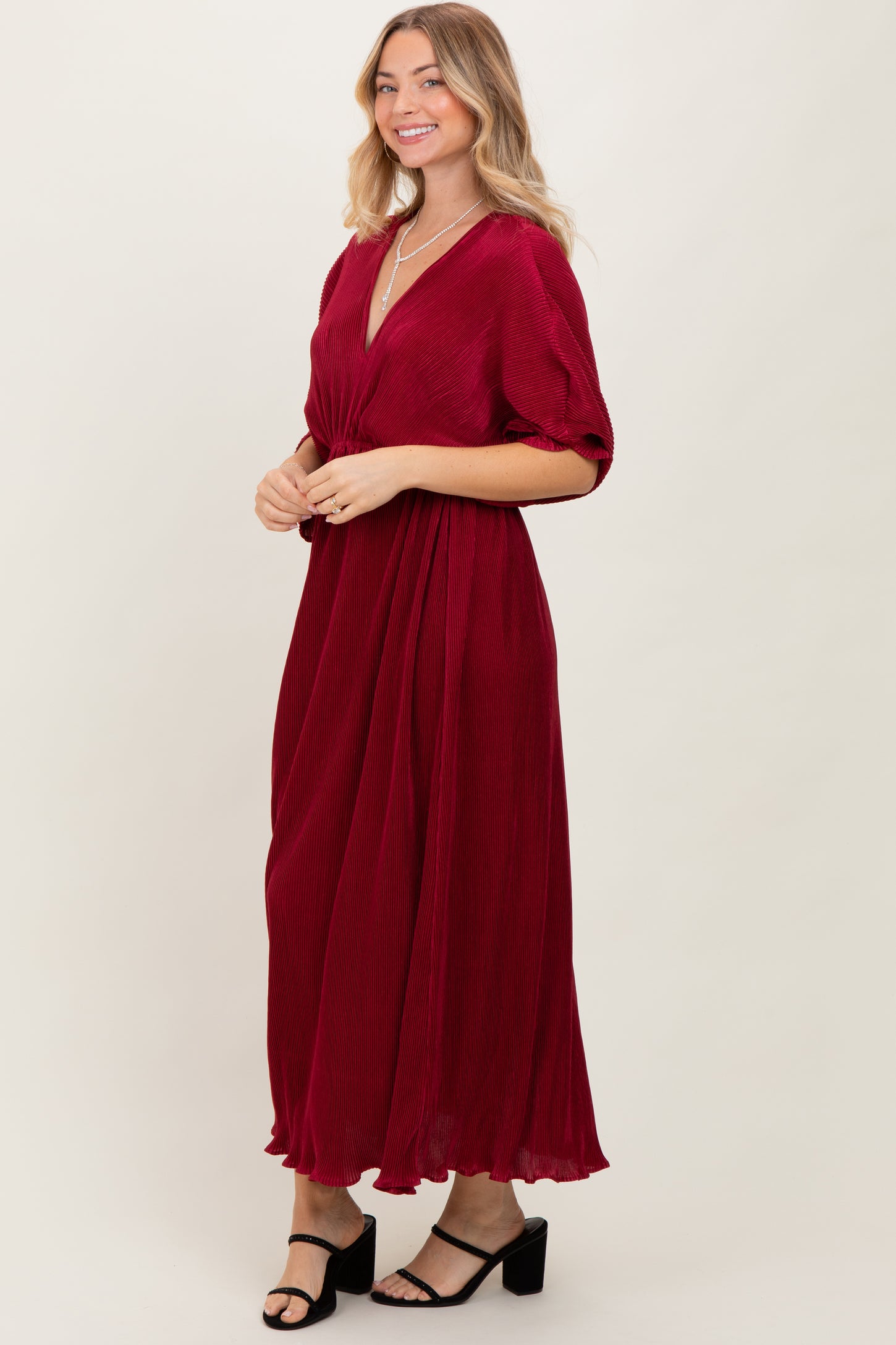 Burgundy Pleated Satin Dolman Sleeve Maxi Dress