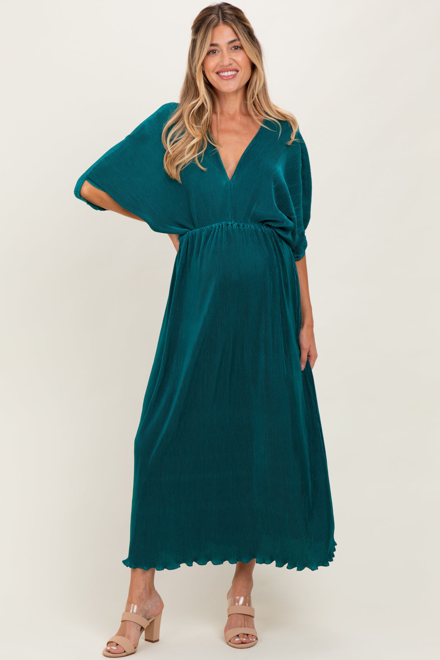 Forest Green Pleated Satin Dolman Sleeve Maternity Maxi Dress