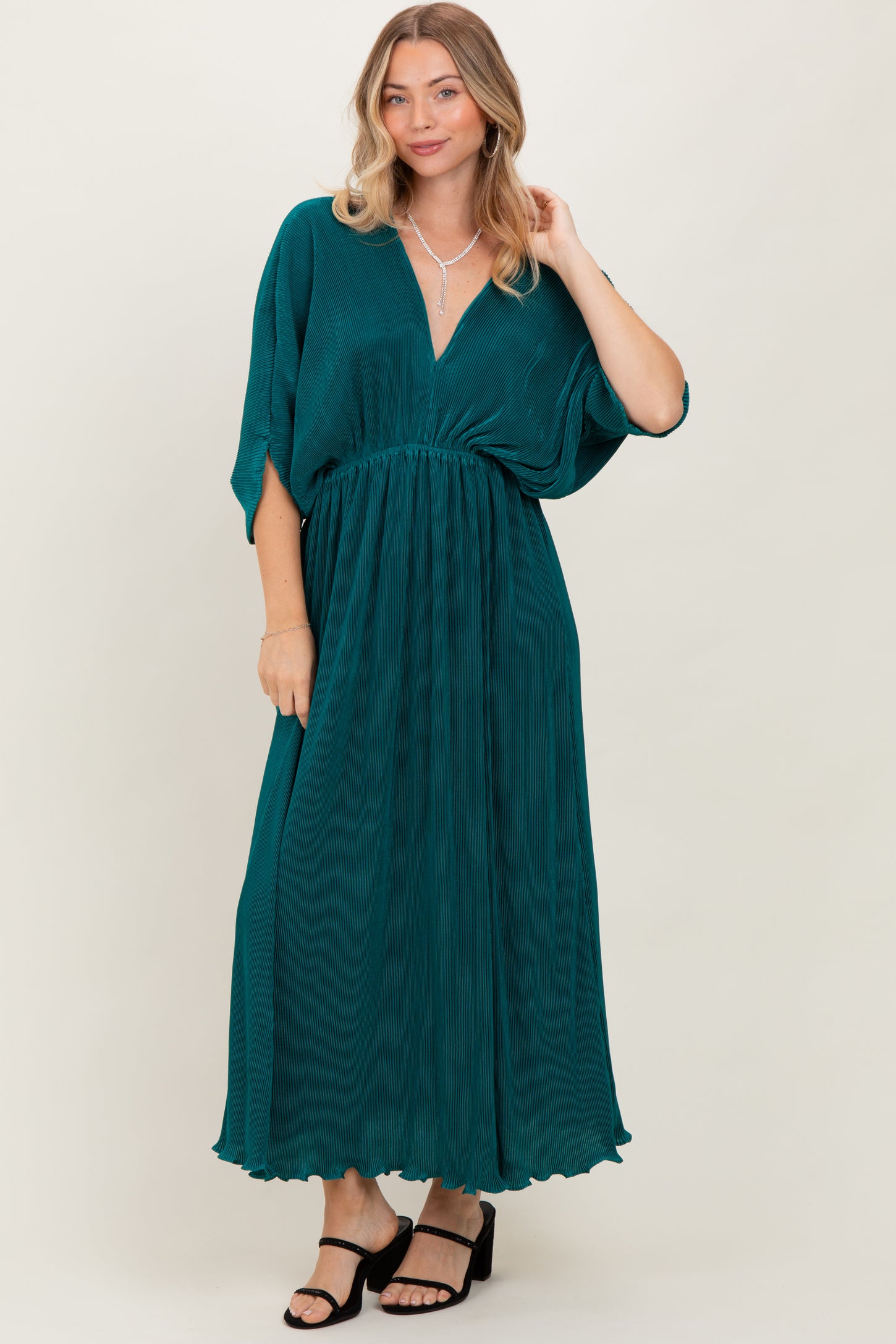 slim fit dress slacks Forest Green Pleated Satin Dolman Sleeve Maxi Dress – PinkBlush