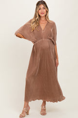 Mocha Pleated Satin Dolman Sleeve Maternity Maxi Dress